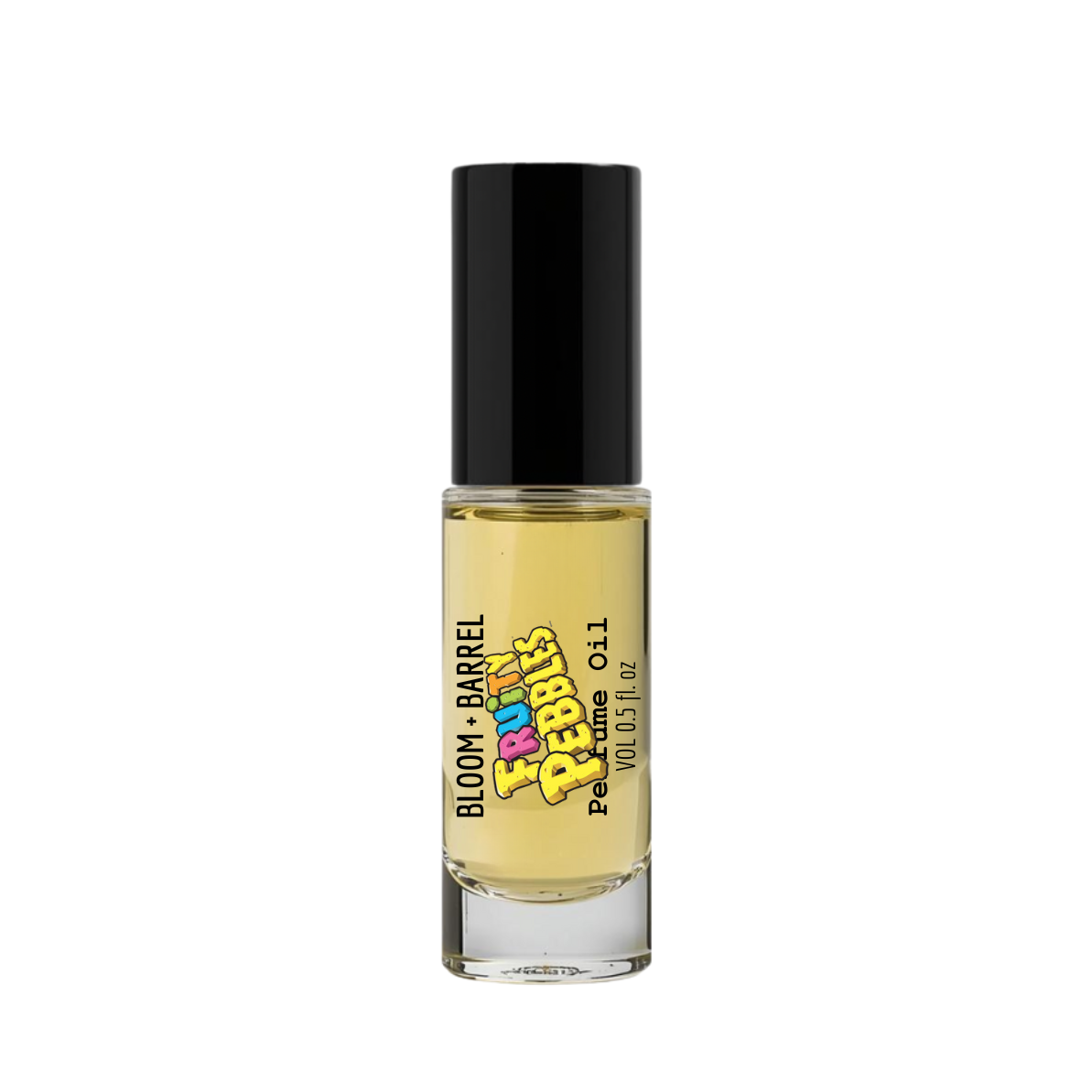 Small glass bottle with black cap and colorful label on a white background