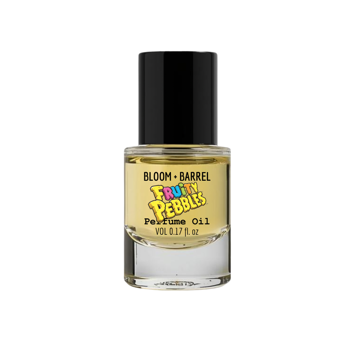 Perfume oil bottle with 'Fruity Pebbles' branding on a white background