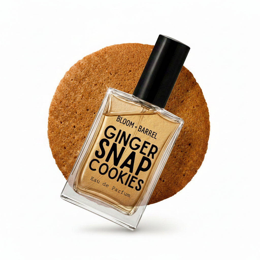 A square glass perfume bottle labeled 'BLOOM • BARREL GINGER SNAP COOKIES Eau de Parfum' with a black cap, centered in front of a round gingerbread cookie on a white background.
