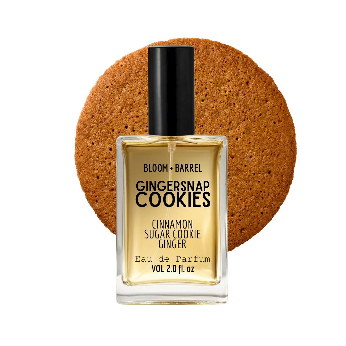Perfume bottle labeled 'Gingersnap Cookies' with a gingersnap cookie on a white background