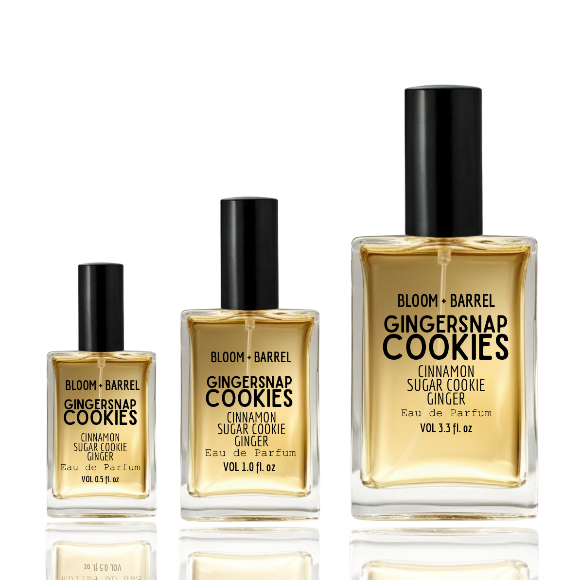 Three bottles of Bloom & Barrel Gingersnap Cookies perfume on a white background