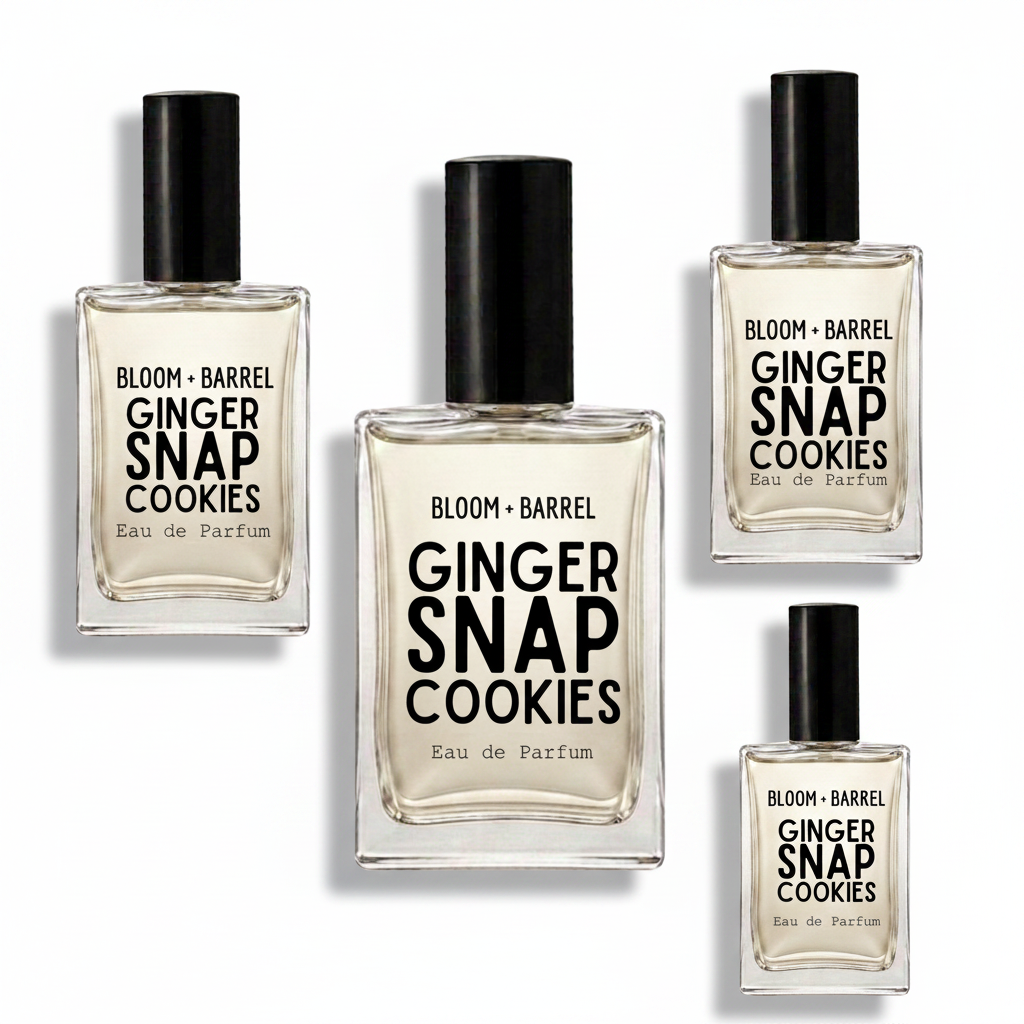 Four glass bottles of Bloom + Barrel Ginger Snap Cookies Eau de Parfum with black caps, arranged on a plain white background.