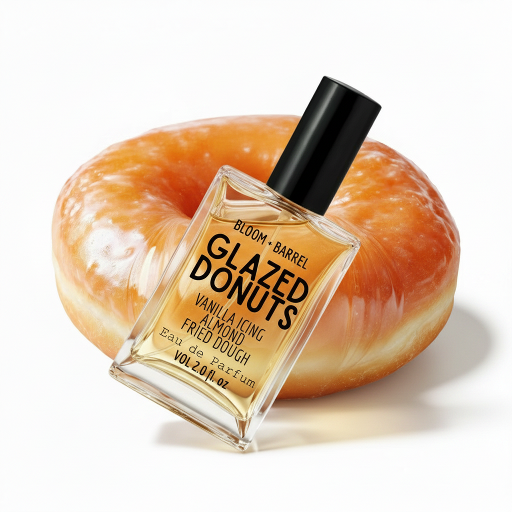 Bloom + Barrel Glazed Donuts Eau de Parfum bottle in front of a glazed donut on a white background.