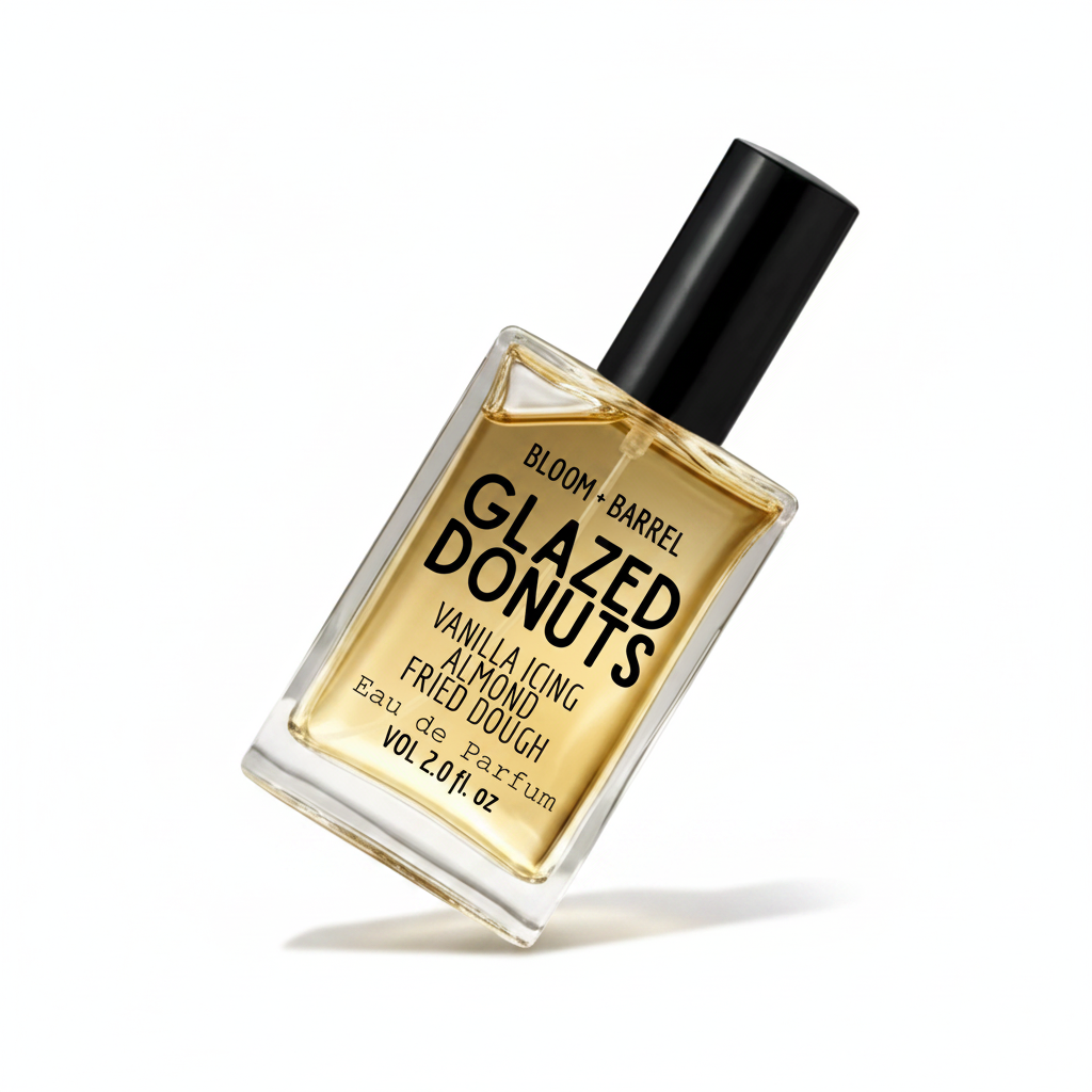 Perfume bottle labeled glazed donuts' by Bloom & Barrel on a white background