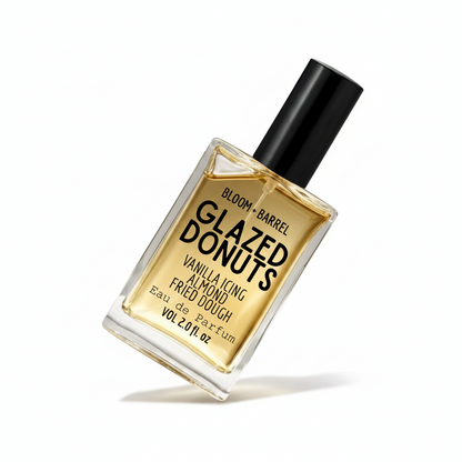 Perfume bottle labeled glazed donuts' by Bloom & Barrel on a white background