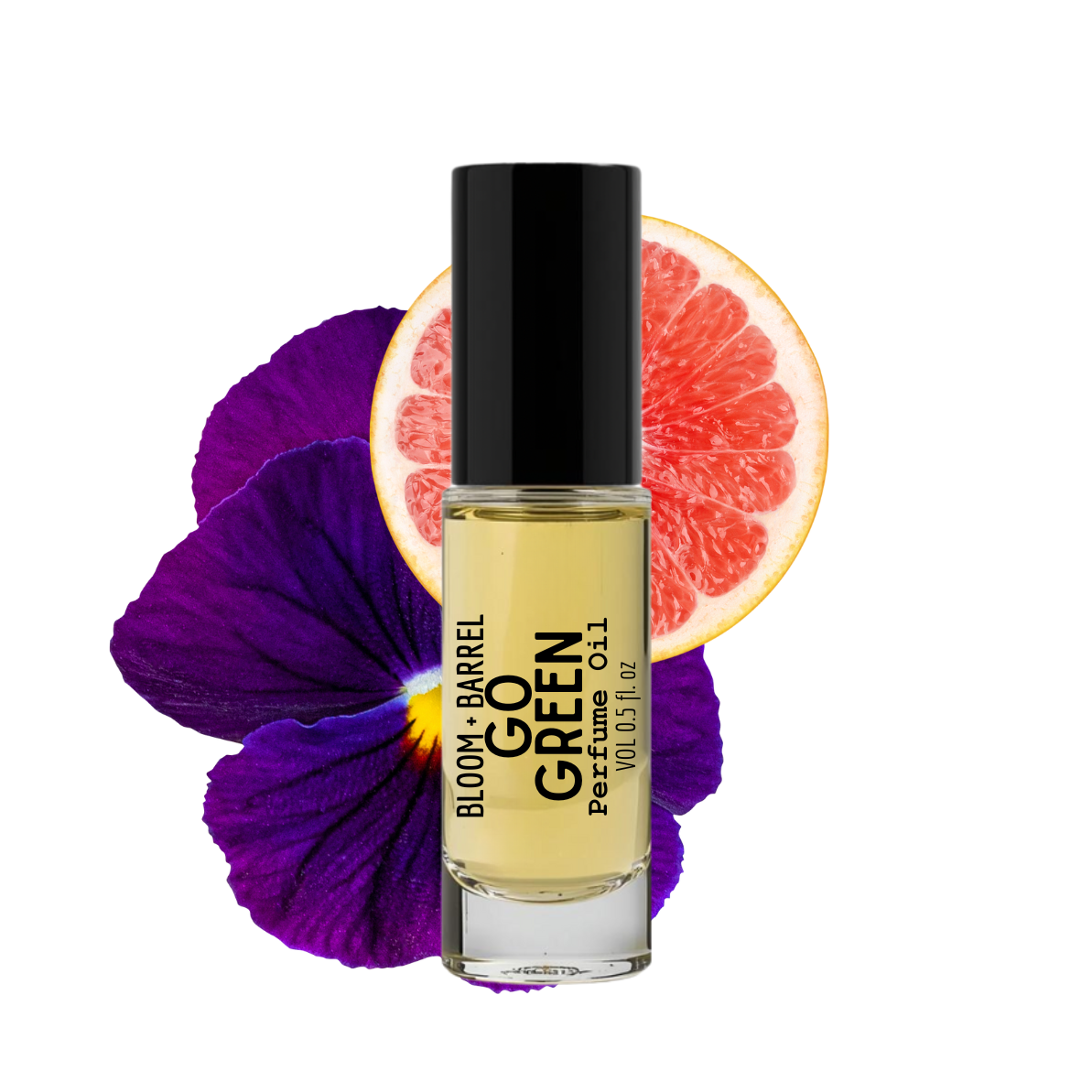Perfume bottle labeled 'Bloom Barrel Go Green' with a grapefruit and purple flower in the background