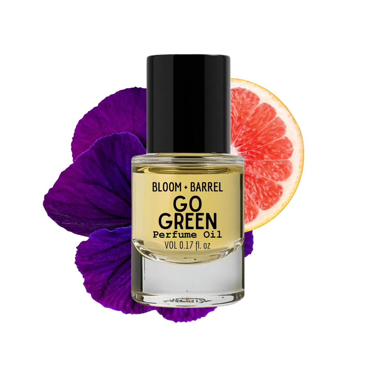 Bottle of Bloom & Barrel Go Green Perfume Oil with a purple flower and grapefruit slice on a white background