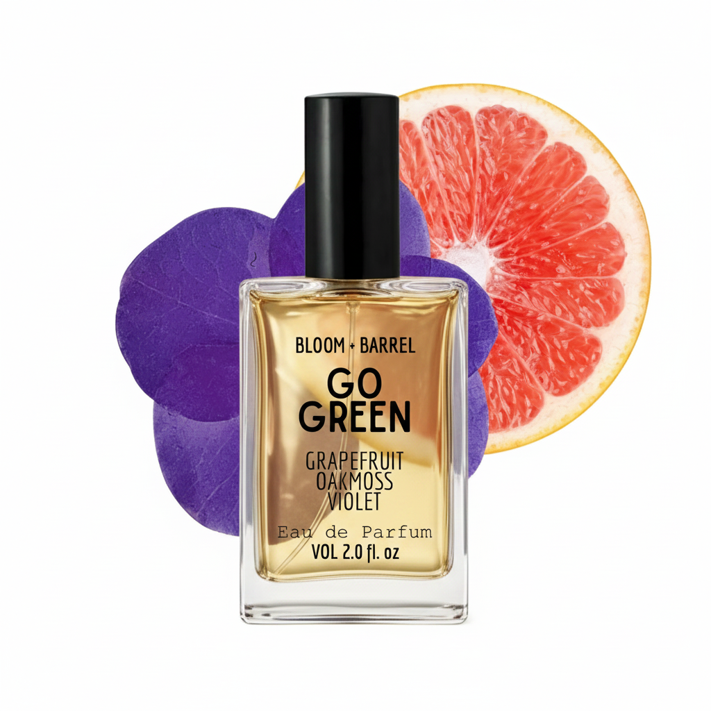 Perfume bottle labeled 'Go Green' with grapefruit and purple flower elements on a white background