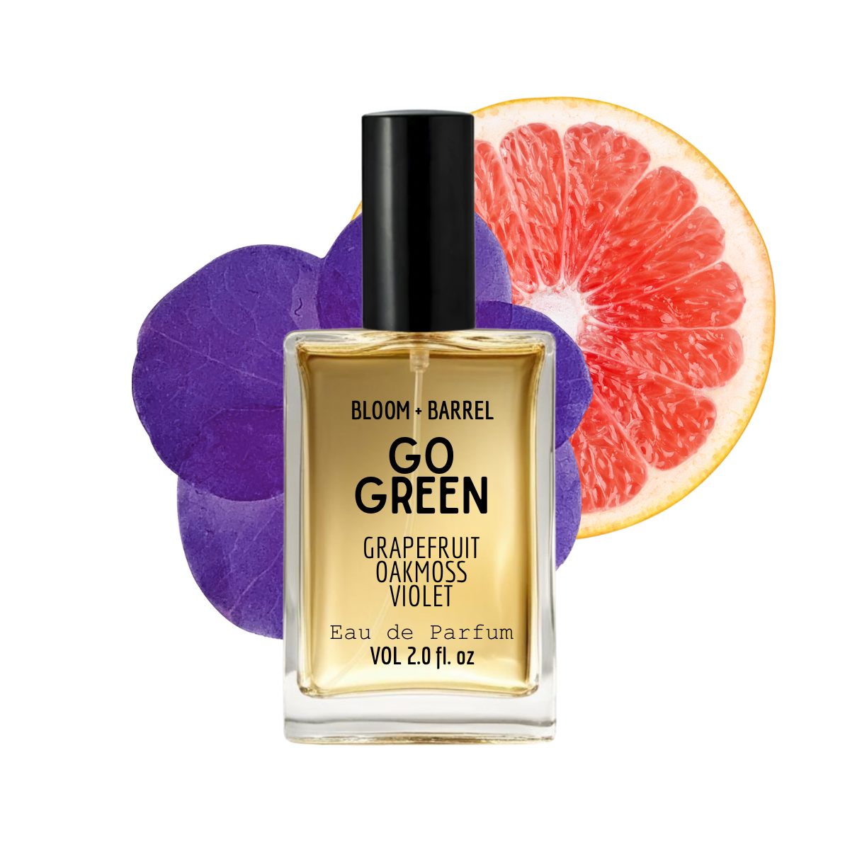 Perfume bottle labeled 'Go Green' with grapefruit and purple flower elements on a white background