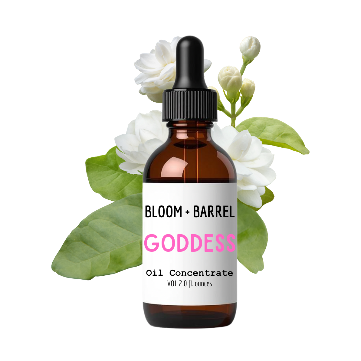 Bottle of Bloom + Barrel Goddess Oil Concentrate with flowers on a white background