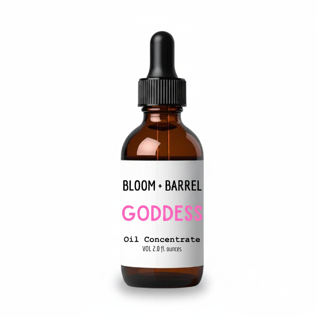Bottle of Bloom + Barrel Goddess Oil Concentrate on a white background