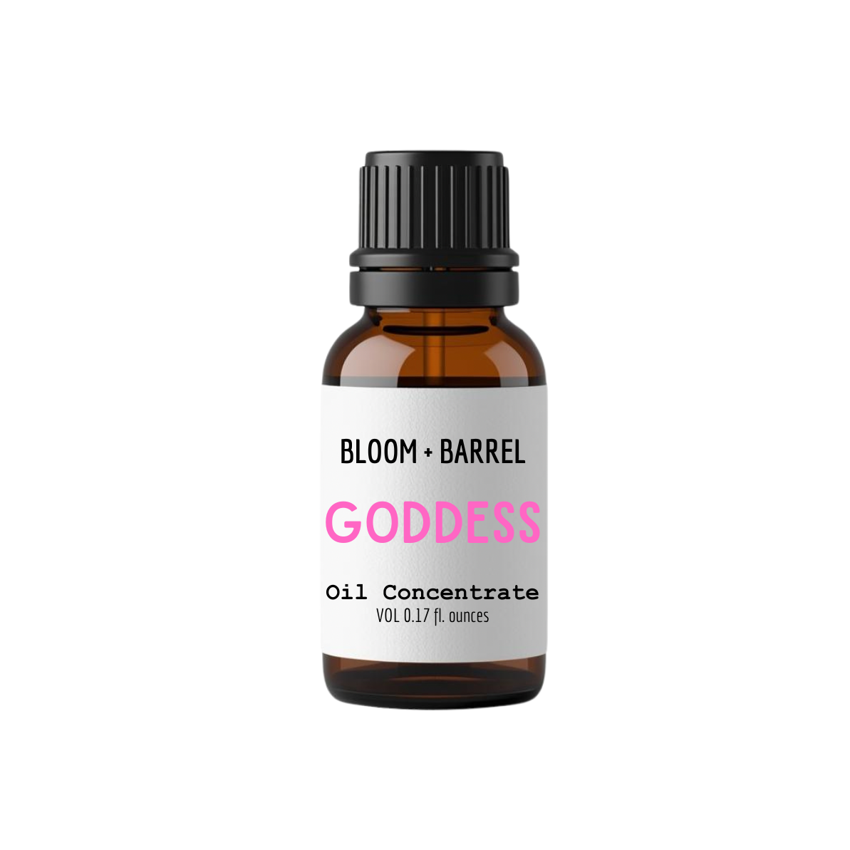 Bottle of 'Goddess' oil concentrate by Bloom & Barrel on a white background