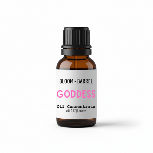 Bottle of 'Goddess' oil concentrate by Bloom & Barrel on a white background