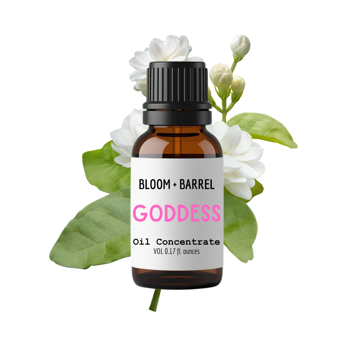 Bottle of 'Goddess' oil concentrate from Bloom & Barrel with flowers on a white background