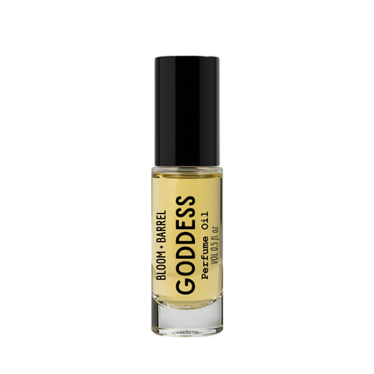 Perfume bottle labeled 'Goddess' by Bloom & Barrel on a white background