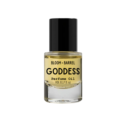 Perfume oil bottle labeled 'Goddess' by Bloom & Barrel on a white background