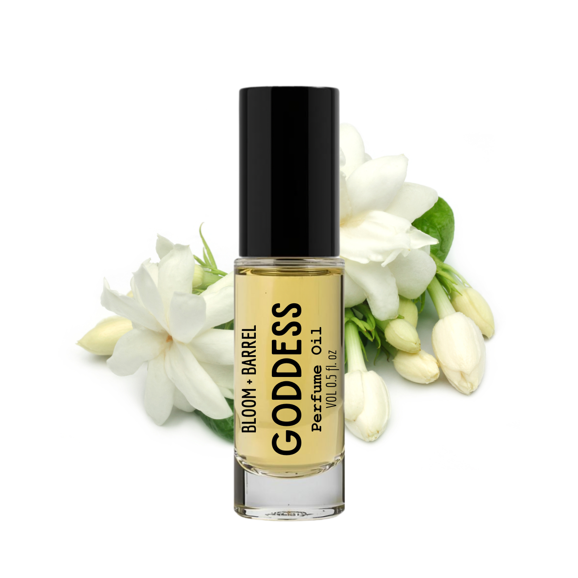 Perfume bottle labeled 'Goddess' by Bloom & Barrel with white flowers on a white background