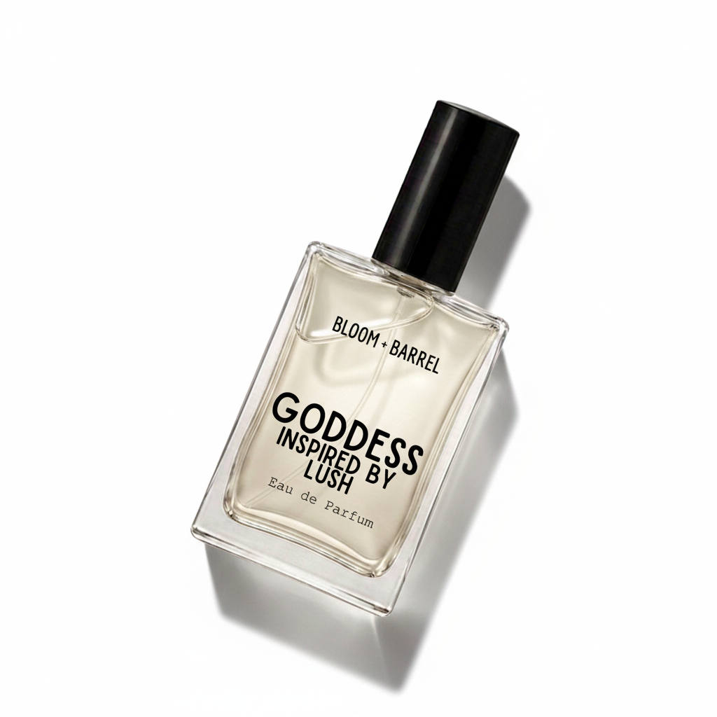 A rectangular glass perfume bottle with a black cap, containing a pale amber liquid. The front label reads 'BLOOM • BARREL' and 'GODDESS INSPIRED BY LUSH' with 'Eau de Parfum' below, set against a plain white background.