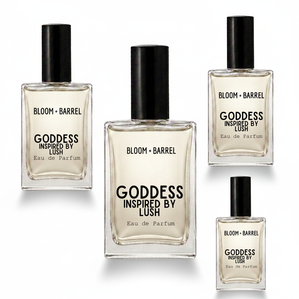 Four clear glass bottles of Bloom + Barrel Twilight Inspired By Rush Eau de Parfum with black caps, arranged on a plain white background.