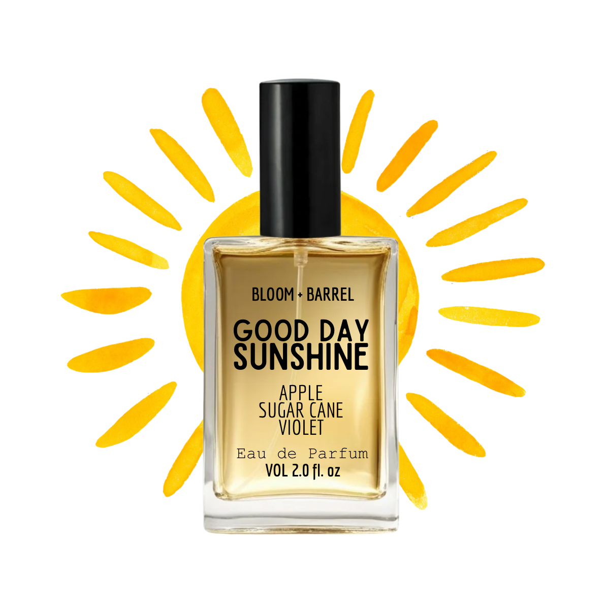Perfume bottle labeled 'Good Day Sunshine' with a sun graphic in the background