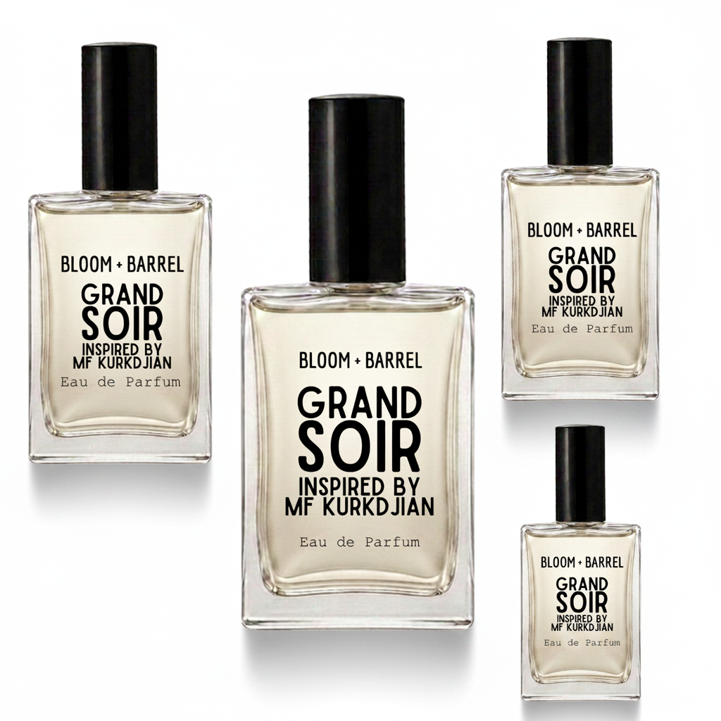 Four glass bottles of Bloom + Barrel Grand Soir Eau de Parfum inspired by Mr. Kurkdjian, arranged on a plain white background.