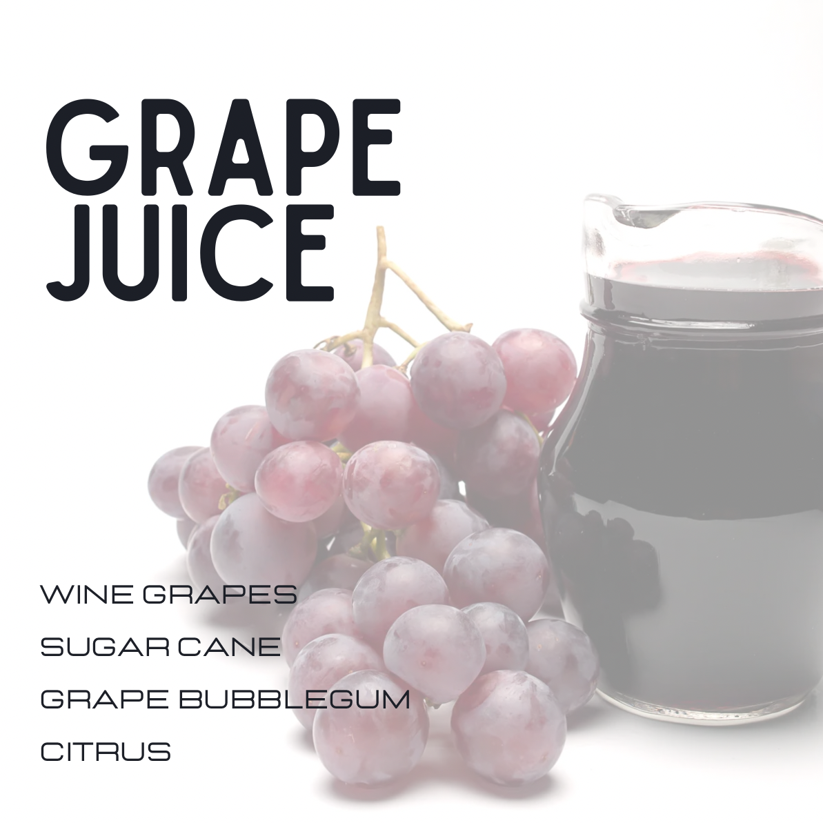 Grape juice product graphic with a bottle of dark grape juice and a cluster of pinkish-purple grapes on a white background, with large text reading 'GRAPE JUICE' and smaller flavor options listed below.