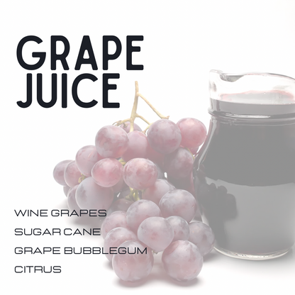 Grape juice product graphic with a bottle of dark grape juice and a cluster of pinkish-purple grapes on a white background, with large text reading 'GRAPE JUICE' and smaller flavor options listed below.