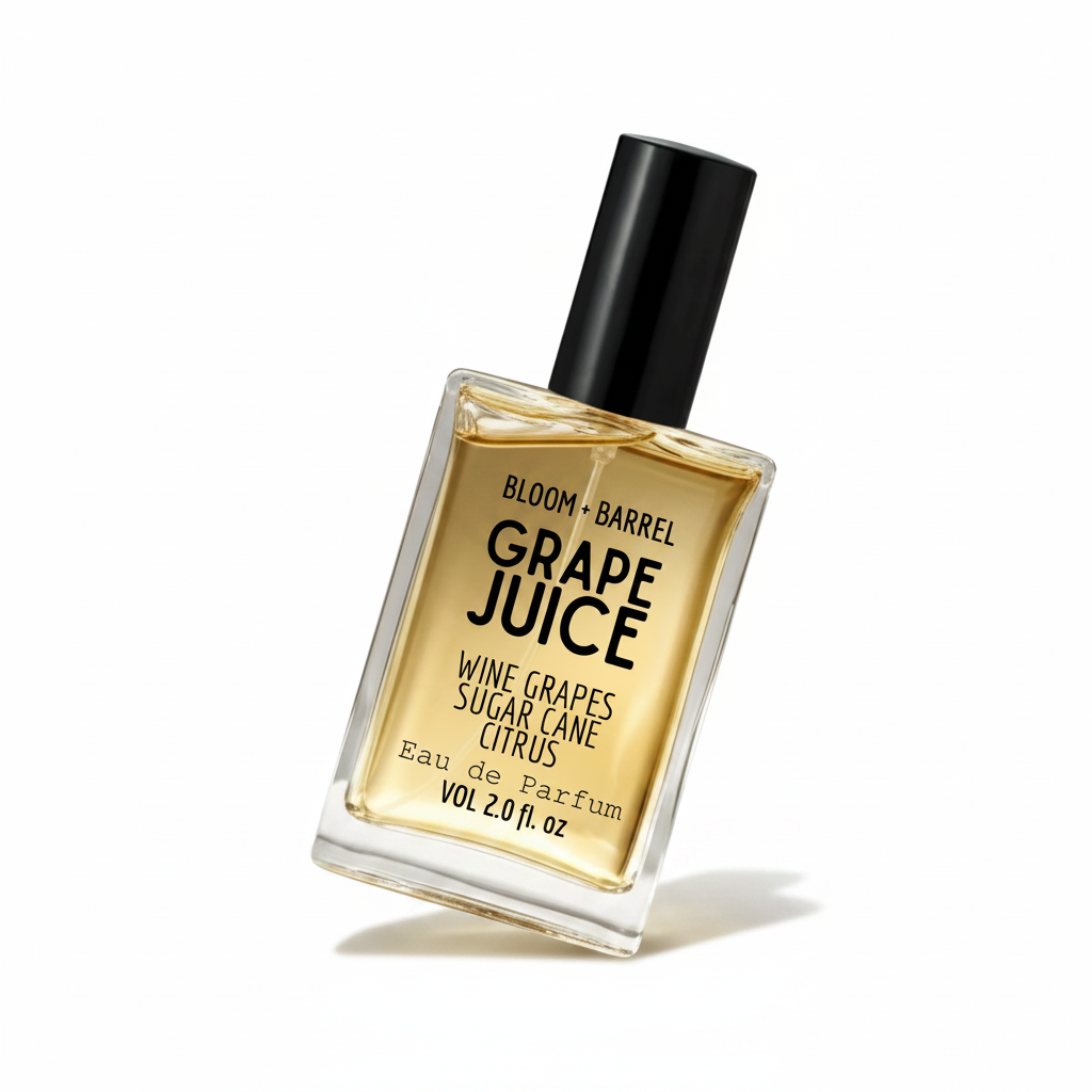 A rectangular glass bottle of Bloom + Barrel grape juice Eau de Parfum with a black cap, filled with golden-amber liquid, on a plain white background.