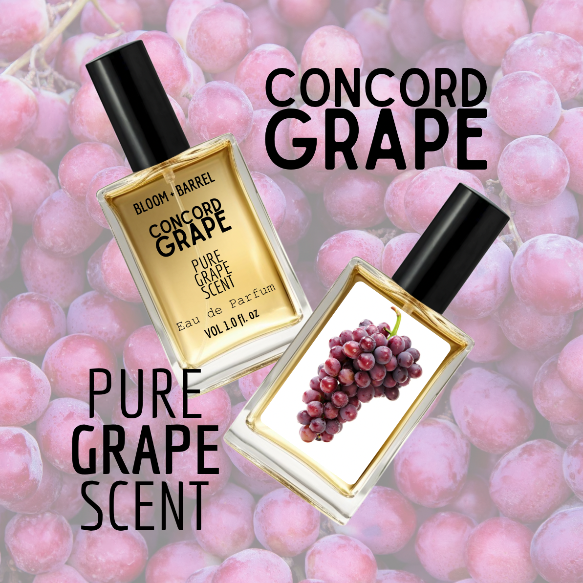 Two perfume bottles labeled 'Concord Grape' on a background of grapes.