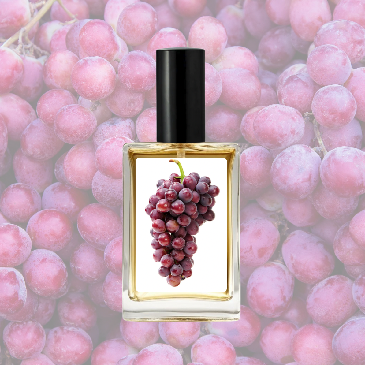 Perfume bottle with grapes design on a background of pink grapes