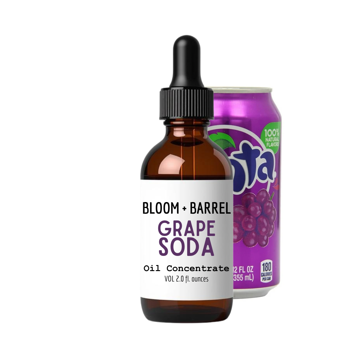 Bottle of Bloom + Barrel Grape Soda oil concentrate next to a purple can on a white background