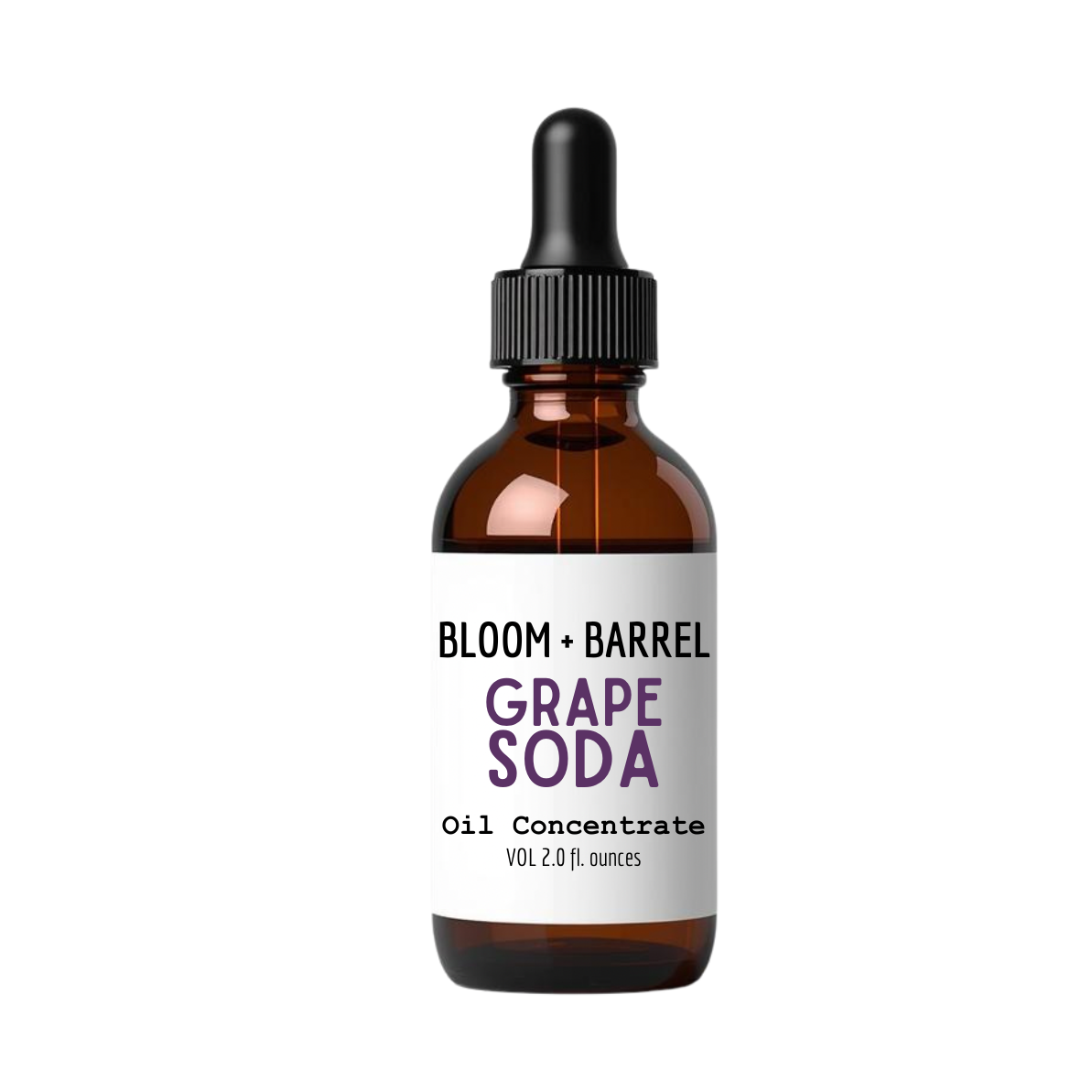 Bottle of Bloom + Barrel Grape Soda Oil Concentrate on a white background