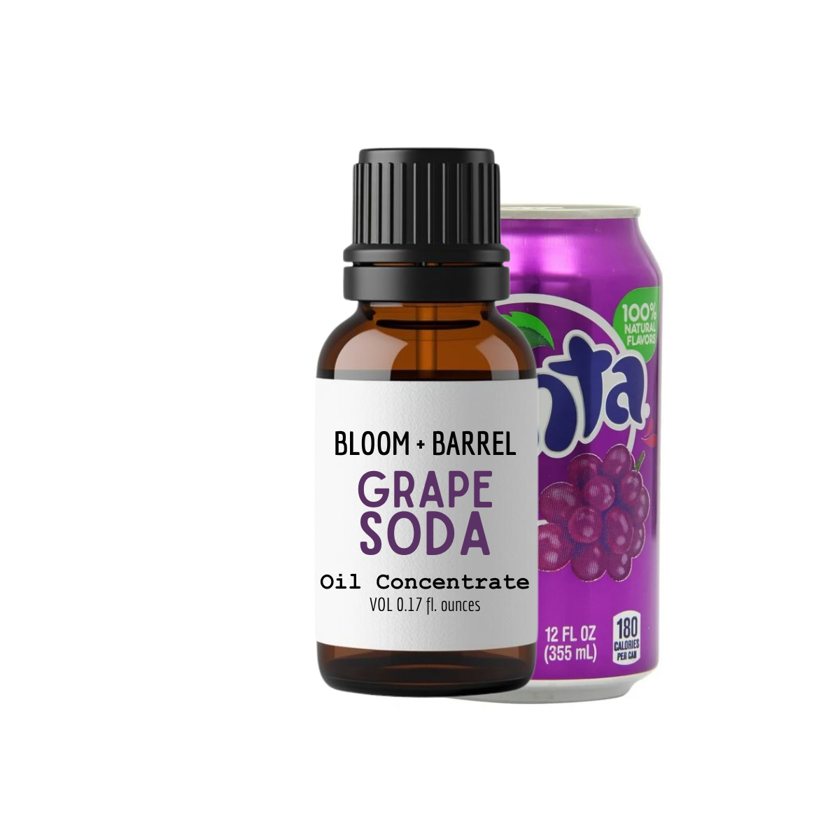 Bottle of Bloom & Barrel Grape Soda oil concentrate next to a purple can on a white background
