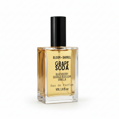 Bottle of Bloom & Barrel Grape Soda Eau de Parfum on a white background