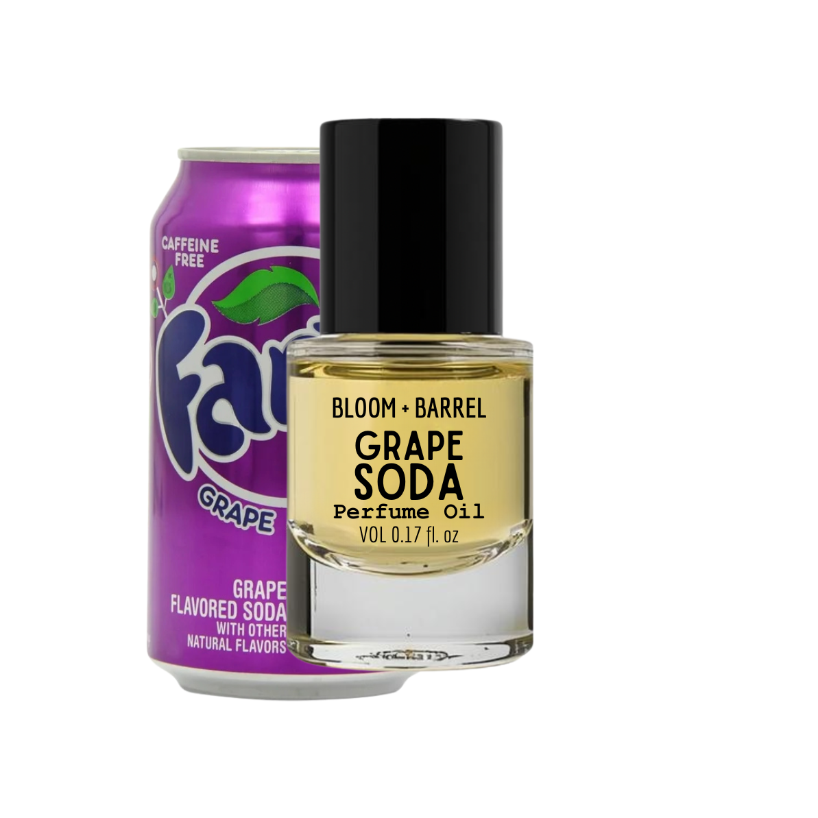 Bottle of Grape Soda perfume oil next to a can of Fanta Grape soda on a white background