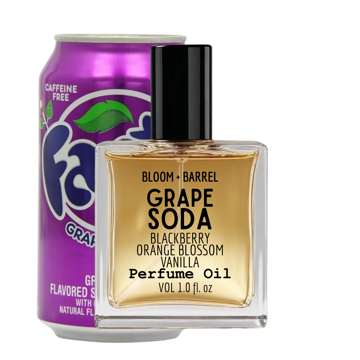 Perfume oil bottle labeled 'Grape Soda' next to a can of Fanta Grape on a white background