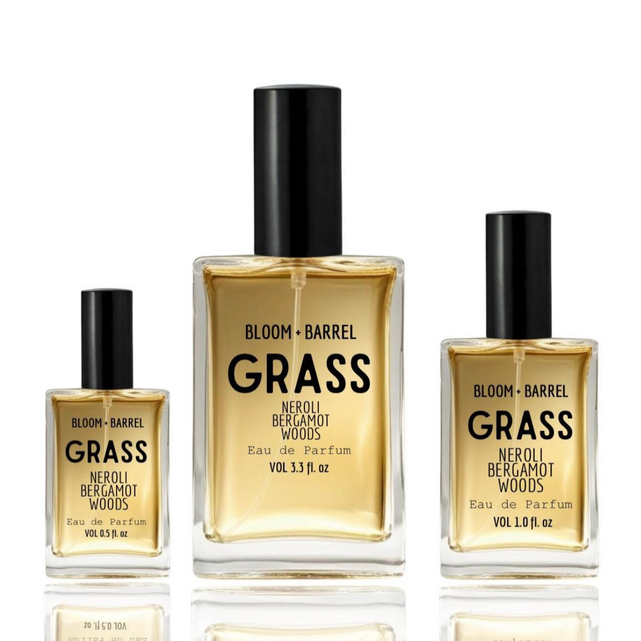 Three bottles of Bloom & Barrel Grass perfume on a white background