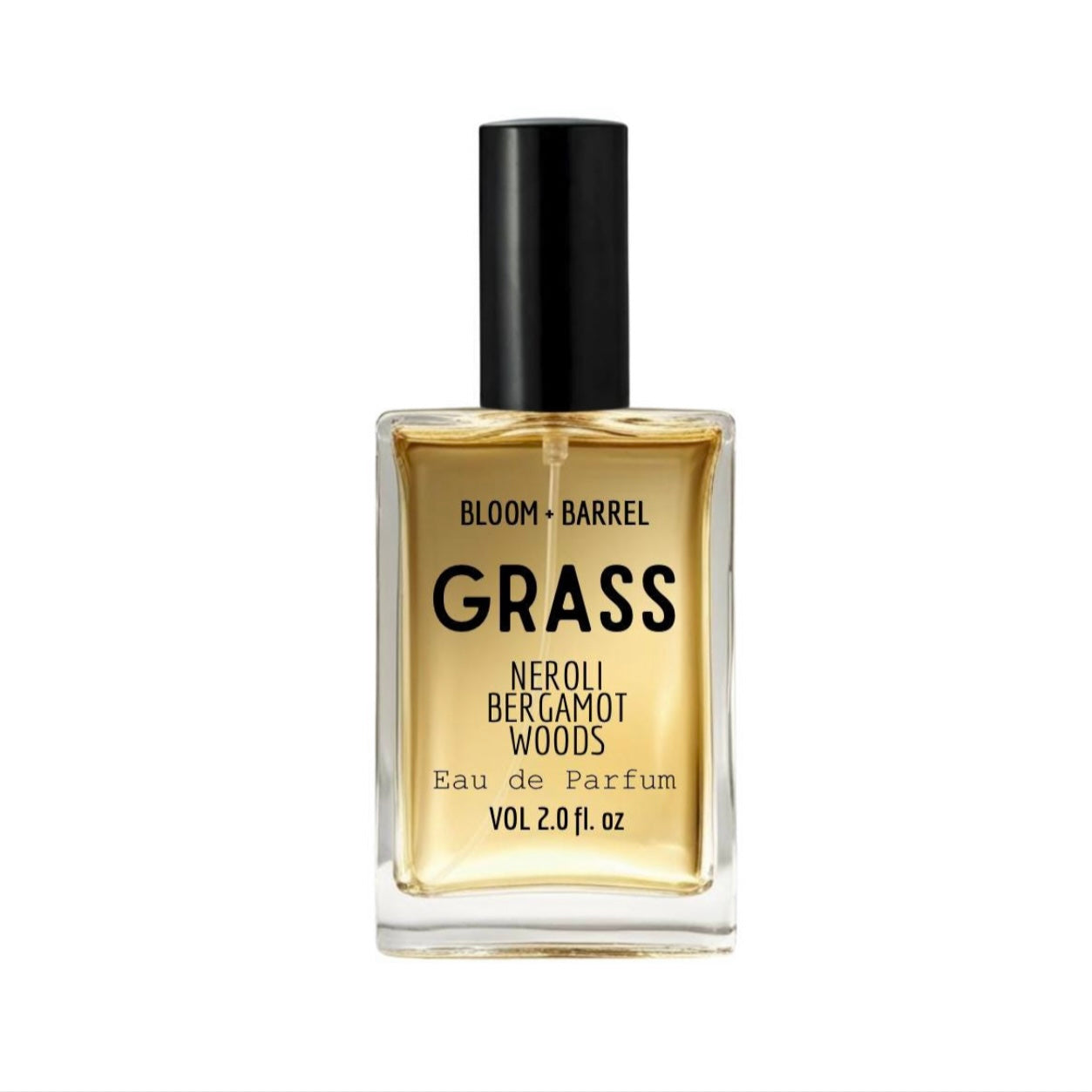 Perfume bottle labeled 'Grass' by Bloom & Barrel on a white background