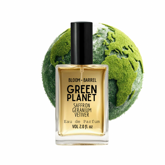 Perfume bottle labeled 'Green Planet' with a green spherical object in the background