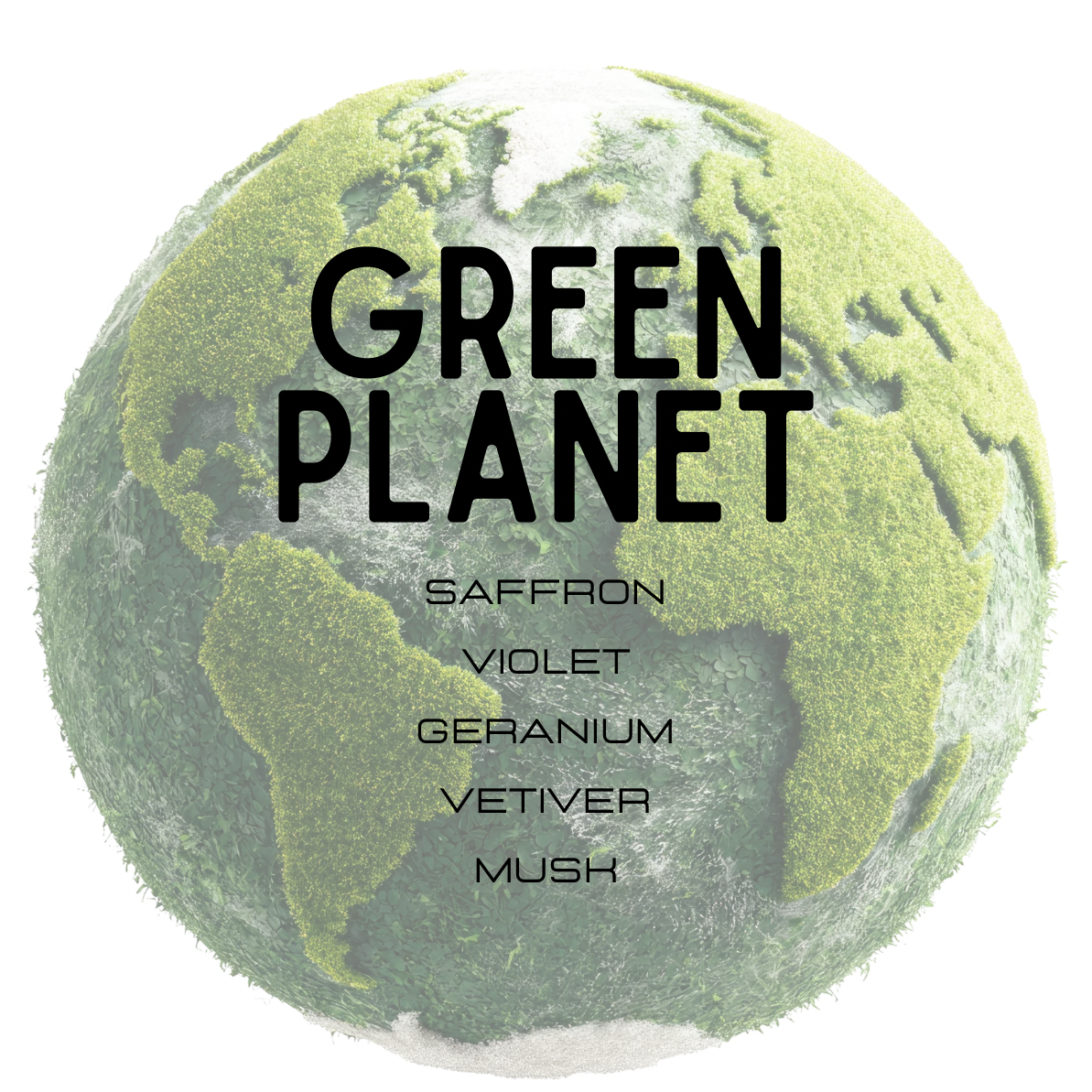 Green planet with text 'Green Planet' and fragrance names on a white background