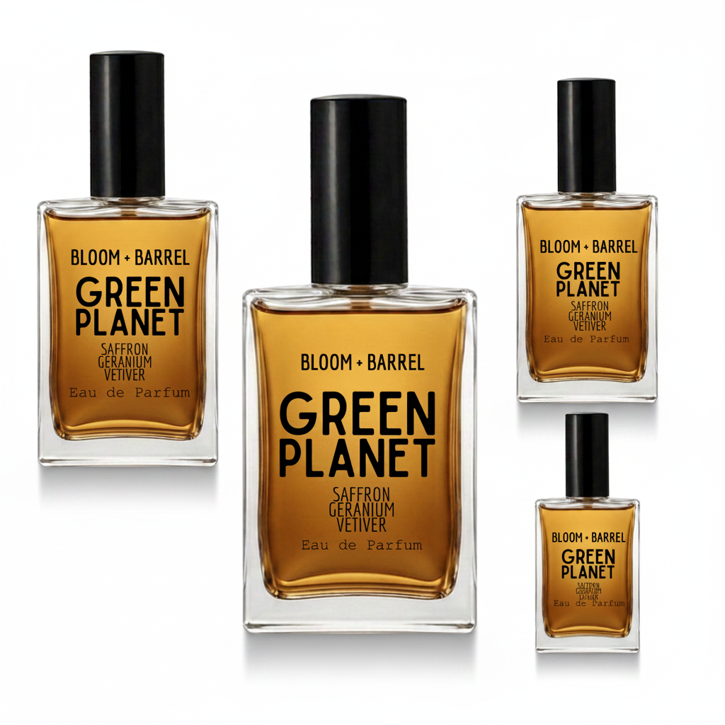 Four bottles of BLOOM + BARREL Green Planet Saffron Geranium Velvet Eau de Parfum in different sizes, arranged on a plain white background.