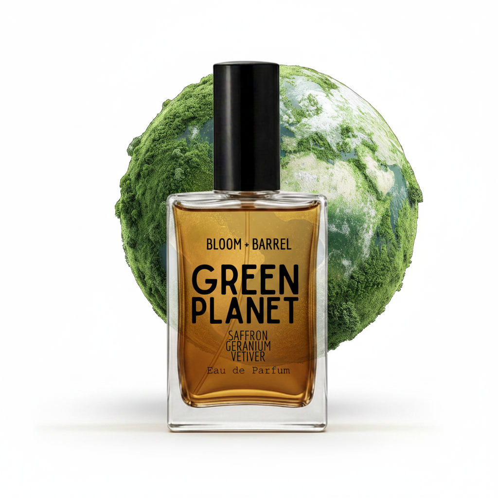 A rectangular glass perfume bottle labeled 'GREEN PLANET' with amber-brown liquid and a black cap, set in front of a green-and-white globe graphic. Visible text includes 'BLOOM • BARREL' and 'SAFERON GERANIUM VEITHIER'.