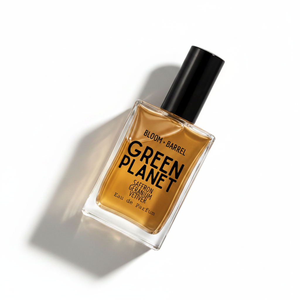 A rectangular glass perfume bottle with amber-brown liquid, a black cap, and bold black text reading 'GREEN PLANET' and 'BLOOM • BARREL' on a white background.