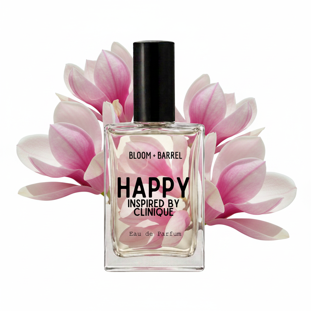 A rectangular glass perfume bottle with a black cap, labeled 'BLOOM • BARREL HAPPY INSPIRED BY CLINIQUE Eau de Parfum', centered against a white background with pink and white flower petals behind it.