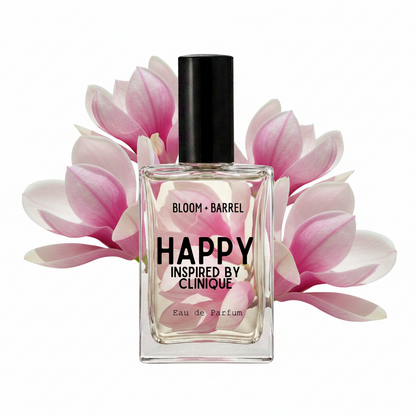 A rectangular glass perfume bottle with a black cap, labeled 'BLOOM • BARREL HAPPY INSPIRED BY CLINIQUE Eau de Parfum', centered against a white background with pink and white flower petals behind it.