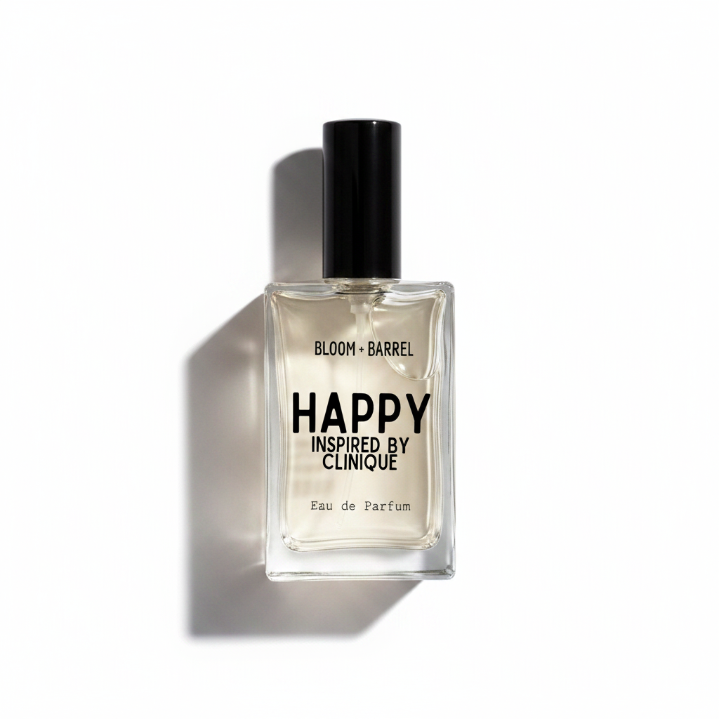 A rectangular glass bottle of Happy Inspired by Clinique Eau de Parfum with a black cap, set against a plain white background.