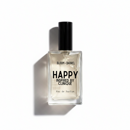 A rectangular glass bottle of Happy Inspired by Clinique Eau de Parfum with a black cap, set against a plain white background.