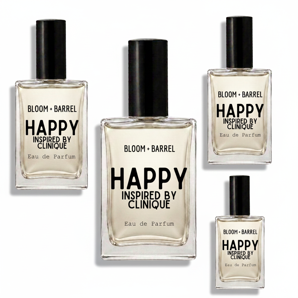 Four glass bottles of Bloom + Barrel Happy Inspired By Clinique Eau de Parfum with black caps, arranged on a plain white background.