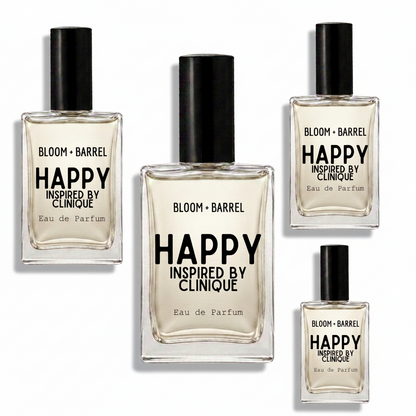 Four glass bottles of Bloom + Barrel Happy Inspired By Clinique Eau de Parfum with black caps, arranged on a plain white background.