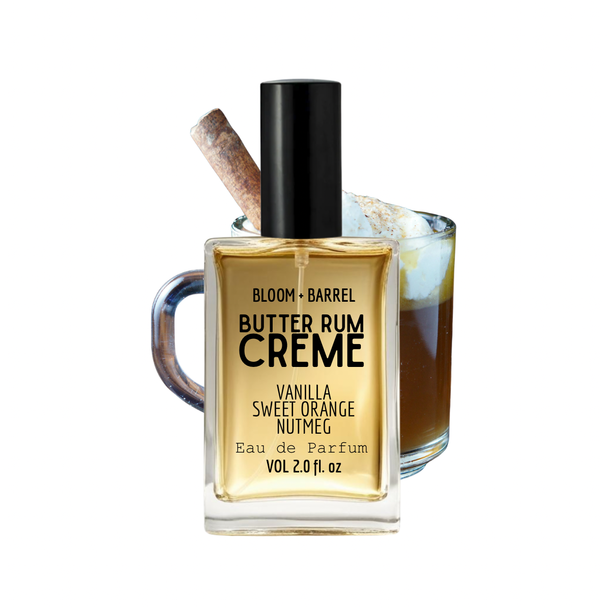 Bottle of Bloom & Barrel Butter Rum Creme Eau de Parfum with a glass mug filled with a brown liquid on a white background.